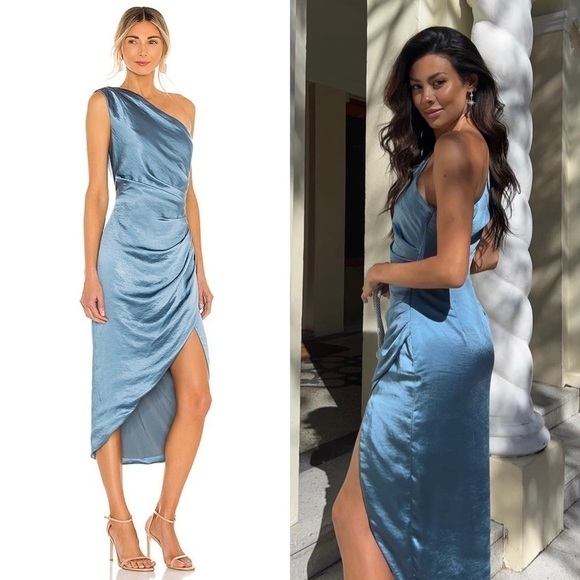 *NWT ELLIATT 70s Satin Sleeveless 1 Shoulder Ruched Faux Wrap Asymmetric Dress M - Picture 4 of 16